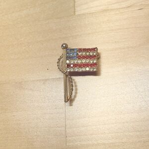 Vintage Gold American Flag Brooch with Red, White, and Blue Crystals